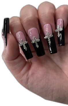 Cross Rhinestone Nails, Rhinestone Cross Nails, Black Nails With Jewels, Nails Cross Charm, Black Freestyle Nails, Cross Charm Nails, Cross Nail Designs, Charm Nails, Nails Goth