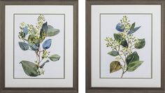 two framed paintings with green and blue leaves