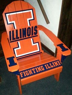 an orange and blue chair with the word illinois on it