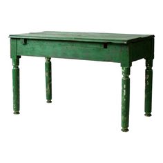 an old green table with two legs and a drawer on the top, against a white background