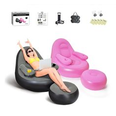 a woman laying on top of an inflatable chair next to other items and accessories