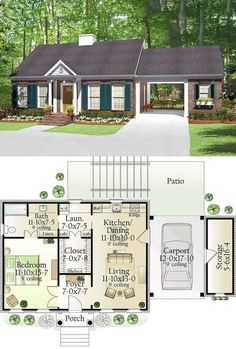 two story house plans with garage and living room in the front, one bedroom on the second