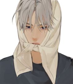 an anime character with grey hair wearing a black shirt and white scarf over his face