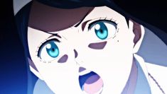 an animated image of a woman with blue eyes and black hair, making a surprised face