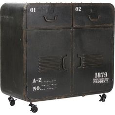 an old metal storage cabinet with wheels and numbers