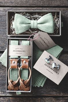 a bow tie and matching handkerchiefs are in a gift box with the groom's accessories