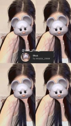 four pictures of a woman wearing a mouse mask