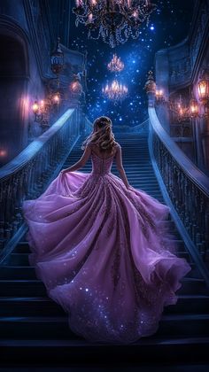 a woman in a purple dress is walking down the stairs with chandelier above her