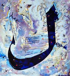 an abstract painting with arabic writing on it's side and blue paint splatters all over the surface