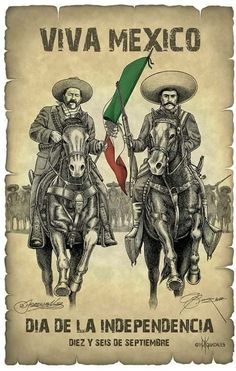 two men riding horses with a green flag on their back and the words viva mexico written in spanish