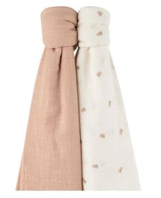 two scarves are tied to each other on a white background with pink and beige designs