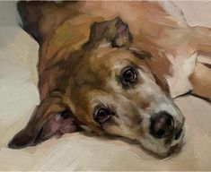 an oil painting of a dog laying down