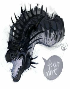 a drawing of a black dragon with the words fear not written on it's side