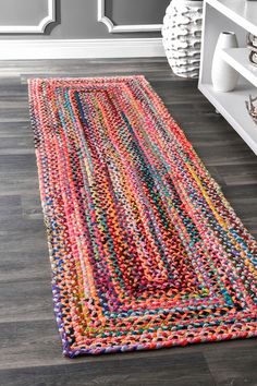 a multicolored rug on the floor in a room