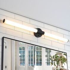 a bathroom mirror with two lights on it and a plant in the corner next to it