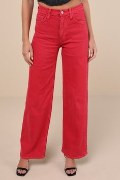 Everyone will be asking about where you found the Just Black Effortlessly Influential Washed Red High-Rise Wide-Leg Jeans! Slightly stretchy, washed red denim shapes these stylish jeans with a high-rise fit, five-pocket cut, belt loops, and a hidden zip fly with a top button closure. The relaxed, straight pant legs fall to ankle-length hems. Fit: This garment fits true to size. Length: Floor length. Size 28 Inseam: 33.25 Front Rise: 12.00 Waist: Fitted - very fitted at natural waist. Hip: Loosel Red Denim Outfit, Wishlist Board, Winter Glam, Red Denim, High Rise Wide Leg Jeans, Just Black, Stylish Jeans, Red Jeans, Fashion Wishlist