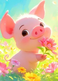 the pig is holding a flower in its mouth