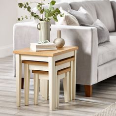 a living room scene with focus on the coffee table and two stools, which are also used as side tables