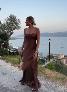 Cocoa Brown Bias Cut Maxi Silk Dress Mocha Long Silk Slip - Etsy Silk Wedding Guest Dress, Satin Summer Dress, Brown Dresses Outfit, Brown Party Dresses, Brown Long Dress, Brown Satin Dress, Maxi Silk Dress, Brown Slip Dress, Brown Dresses Formal