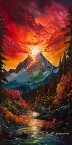 a painting of a sunset over a mountain with a river in the foreground and trees on either side