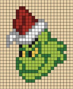 A pixel art template of the Grinch wearing a Christmas hat. The Grinch Cross Stitch Pattern, Perler Beads Grinch, Easy Pixel Art Christmas, The Grinch Perler Beads, Pixel Art Ideas Christmas, Small Christmas Pixel Art, Holiday Pixel Art, Xmas Pixel Art, Grinch Perler Bead Patterns