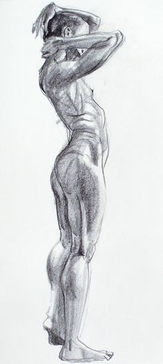 a black and white drawing of a woman with her hands behind her head, standing