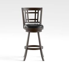 a wooden stool with a black leather seat and backrest on an isolated white background