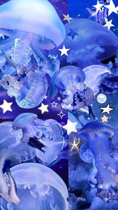 two pictures of jellyfish and stars in the sky