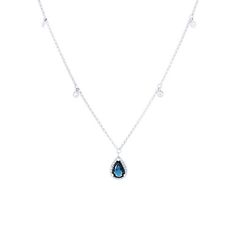 This stunning contemporary design features a pear shape sapphire weighing 0.88 carats surrounded by round brilliant cut diamonds totaling 0.12 carats. Teardrop Diamond Necklace With Gemstone Accents, Diamond Teardrop Necklace With Gemstone Accents, Teardrop Gemstone Diamond Necklace, Diamond Teardrop Necklaces With Gemstone Accents, Blue Pear-shaped Diamond Necklace, Sapphire Diamond Teardrop Pendant Necklace, Diamond Teardrop Pendant Necklace With Sapphire, Sapphire Teardrop Pendant Necklace With Diamonds, Teardrop Diamond Necklace With Sparkling Stones