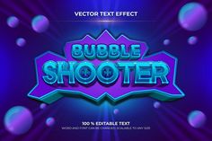 the text bubble shooter is shown in purple and blue colors with bubbles floating around it