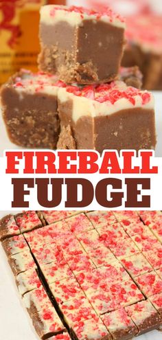 fireball fudge brownies stacked on top of each other with the text overlay