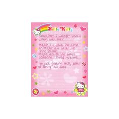 a pink hello kitty notepad with the words hello kitty on it and an image of a