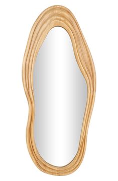 an oval wooden mirror on a white background