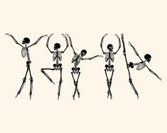 three skeletons dancing with their arms in the air