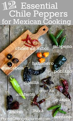 the ingredients for mexican cooking are displayed on a wooden table with text that reads 12 essential chili peppers for mexican cooking