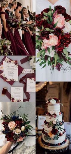 a collage of photos showing different types of flowers and wedding cake with red ribbons