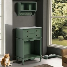 an orange and white cat sitting on the floor next to a green cabinet with drawers