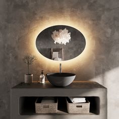 a bathroom with a round light above the sink