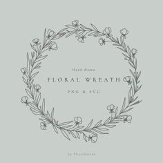 the floral wreath is drawn in black and white on a light gray background with text