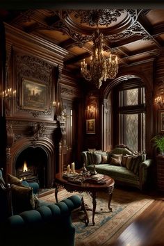 a living room filled with furniture and a chandelier hanging from the ceiling next to a fire place