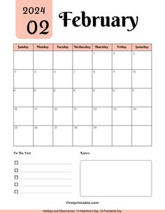 a printable calendar for the month of feb, with pink and black numbers on it