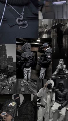 a collage of black and white photos with people in the background, one person wearing a hoodie