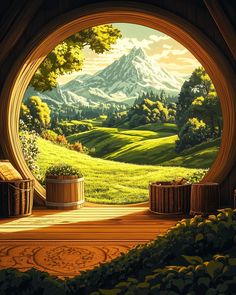 a painting of a mountain view from inside a hobbot with two barrels on the floor