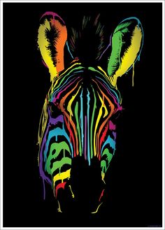 a colorful zebra's face is shown on a black background