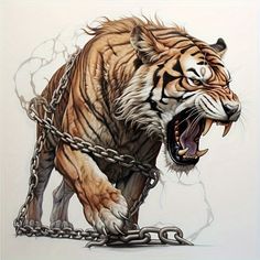 a drawing of a tiger with chains on it's neck and claws hanging down