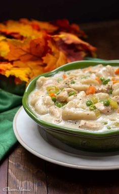 a bowl of chicken and dumpling soup on a plate with autumn leaves in the background