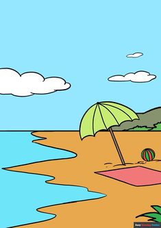 a cartoon beach scene with an umbrella, chair and ball on the sand by the water