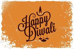 happy diwali text on an orange grungy background with hanging decorations and candles