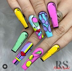 Neon Crocodile Nails, Graffiti Art Nails, Crazy Acrylic Nails Designs, Newest Nail Designs, Grafitti Nails, Crazy Nail Art Unique, Pop Art Nails Designs, Sunset Nail Designs