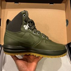 Great Condition; Brand New Size 4.5y; Comes With Box Nike Green Leather Custom Sneakers, Nike Green High-top Sneakers With Branded Insole, Nike Green Skate Shoes With Perforated Toe Box, Luxury Green Nike Air Force 1 For Sports, Nike Green High-top Sneakers With Cushioned Footbed, Nike Lunar Force, Nike Lunar, Nike Green, Classy Men